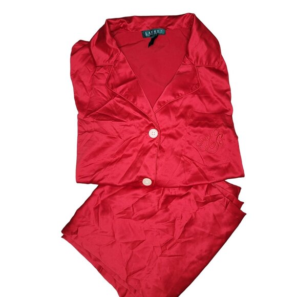 Lauren Ralph Lauren Women's Red Satin Pajama Set Monogrammed with RL logo large - Picture 5 of 7